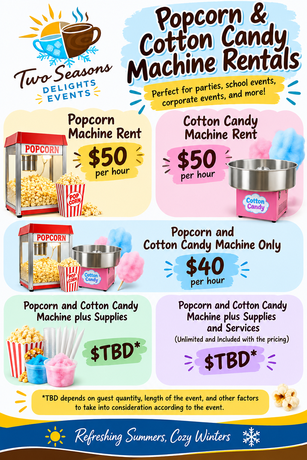 Popcorn and cotton candy machine rentals flyer